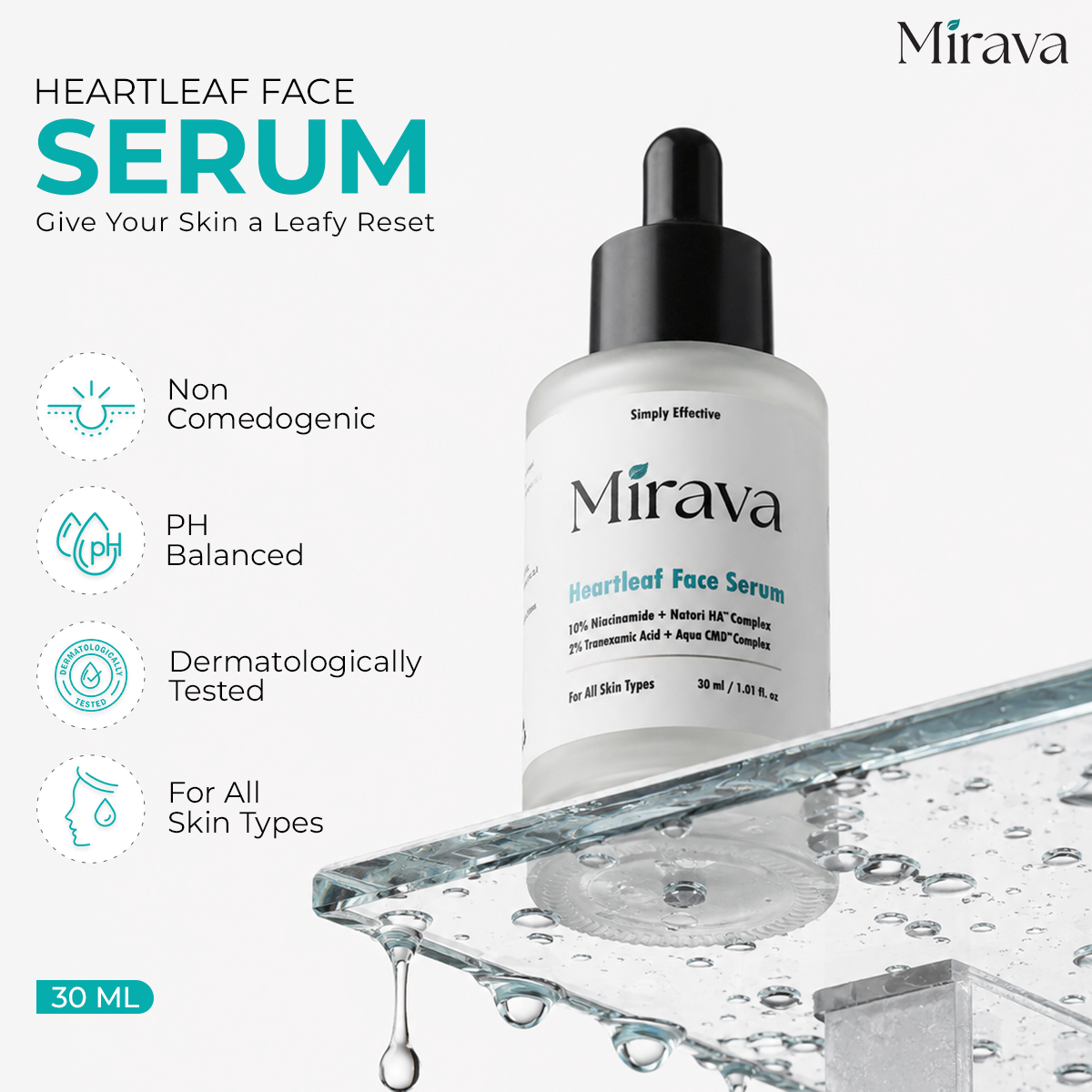 Mirava Heartleaf Face Serum – Niacinamide 10% + Tranexamic Acid 2% | Brightening & Barrier Serum