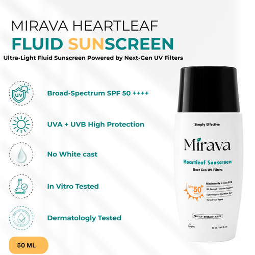 Mirava Heartleaf Sunscreen SPF 50 PA++++ – No White Cast | Next-Gen UV Filters + Niacinamide