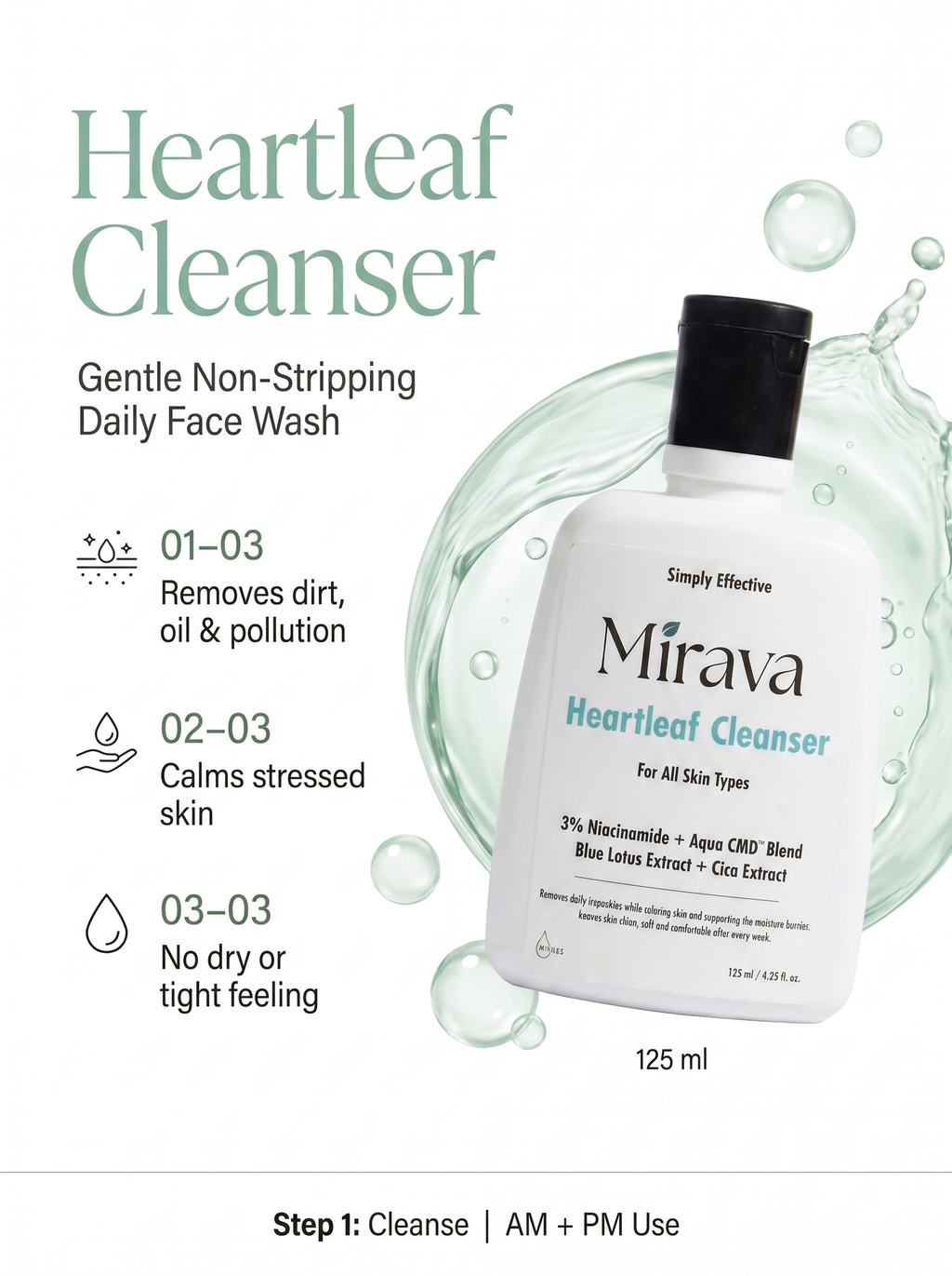 Mirava Heartleaf Cleanser – Niacinamide + Ceramide Based Formula | Barrier-Care Face Wash