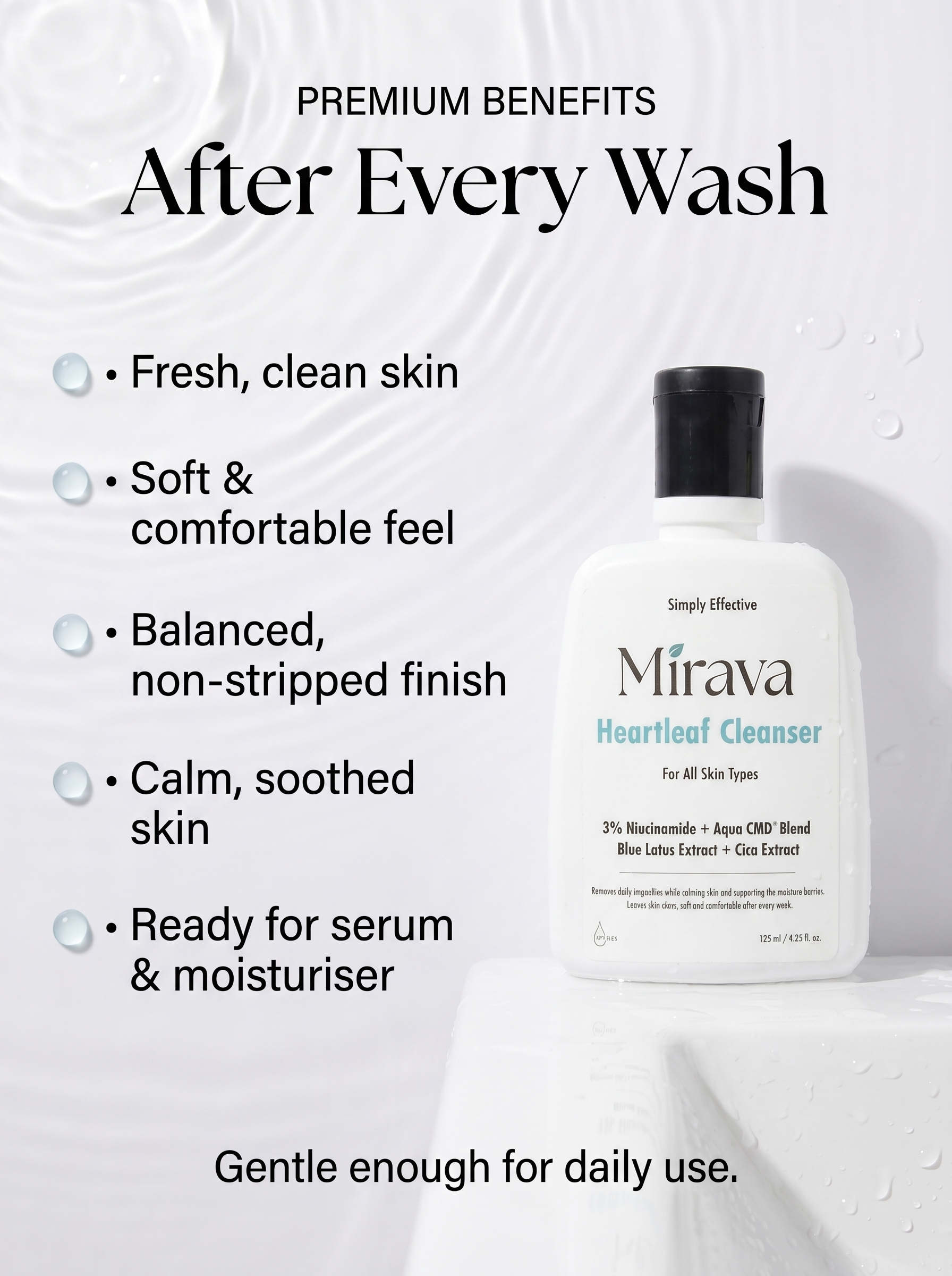 Mirava Heartleaf Cleanser – Niacinamide + Ceramide Based Formula | Barrier-Care Face Wash