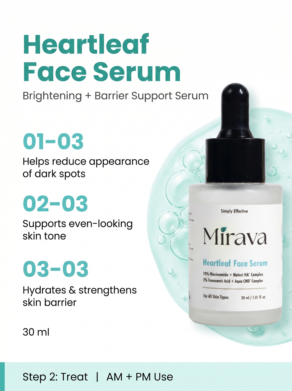 Mirava Heartleaf Face Serum – Niacinamide 10% + Tranexamic Acid 2% | Brightening & Barrier Serum