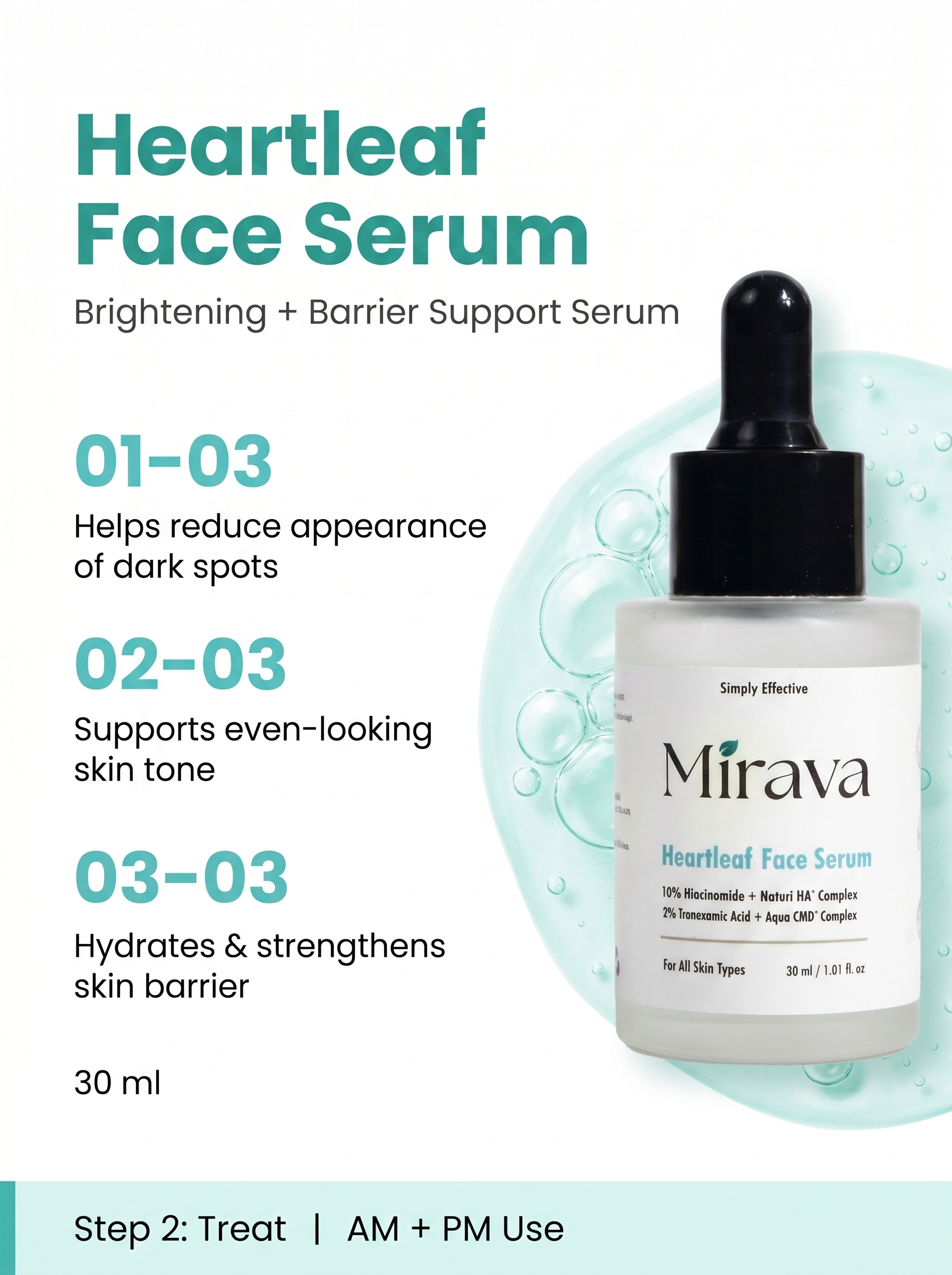 Mirava Heartleaf Face Serum – Niacinamide 10% + Tranexamic Acid 2% | Brightening & Barrier Serum