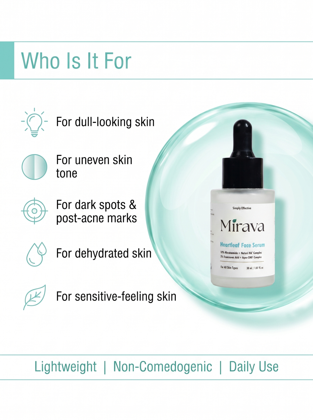 Mirava Heartleaf Face Serum – Niacinamide 10% + Tranexamic Acid 2% | Brightening & Barrier Serum