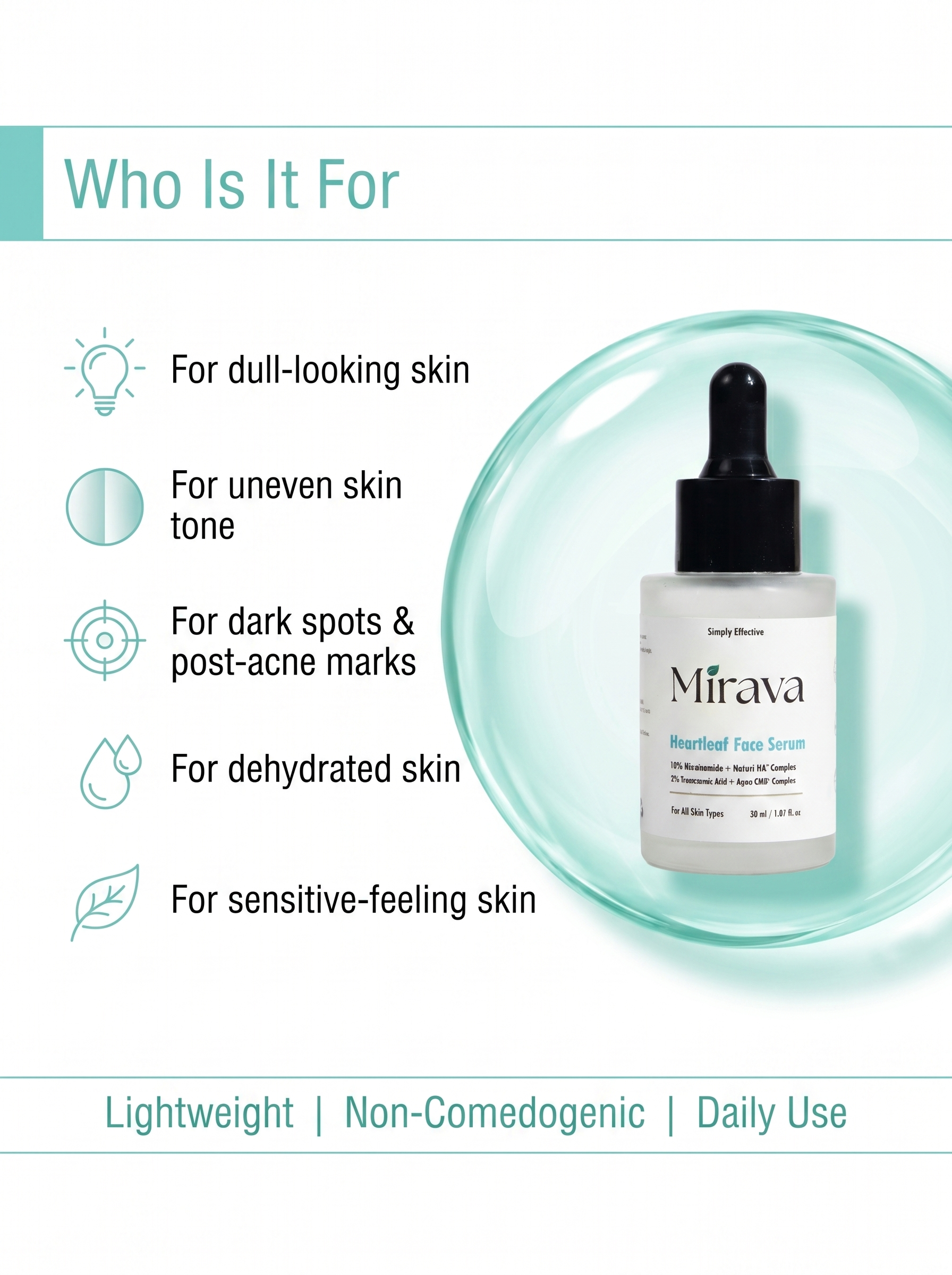 Mirava Heartleaf Face Serum – Niacinamide 10% + Tranexamic Acid 2% | Brightening & Barrier Serum